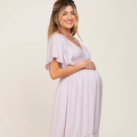 Pinkblush Grey Lavender Satin Smocked Maternity Midi Dress size S - Picture 2 of 3